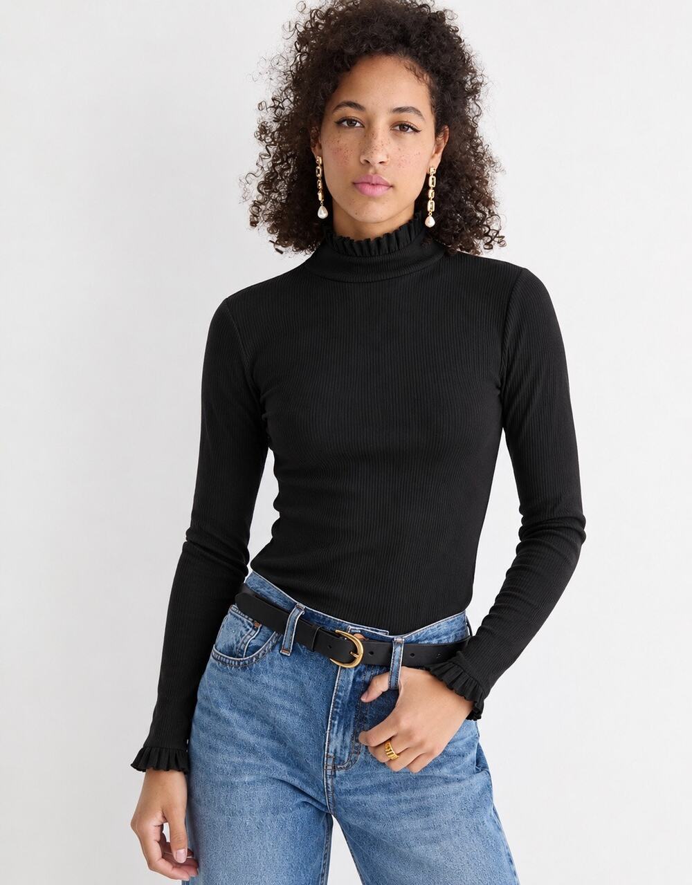 J.Crew Vintage Rib Ruffle Mockneck T-Shirt Black Long Sleeve Women’s XL